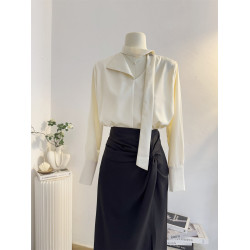 紫色法式V領飄帶緞面襯衫女長袖2025秋季設計感氣質通勤垂感襯衣