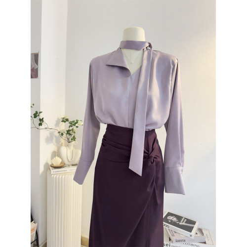 紫色法式V領飄帶緞面襯衫女長袖2025秋季設計感氣質通勤垂感襯衣