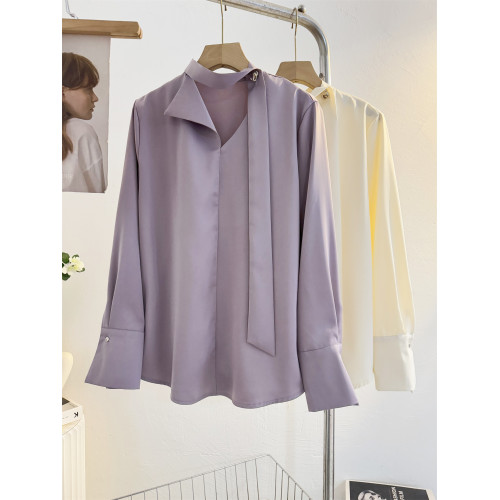 紫色法式V領飄帶緞面襯衫女長袖2025秋季設計感氣質通勤垂感襯衣