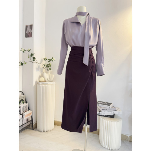 紫色法式V領飄帶緞面襯衫女長袖2025秋季設計感氣質通勤垂感襯衣