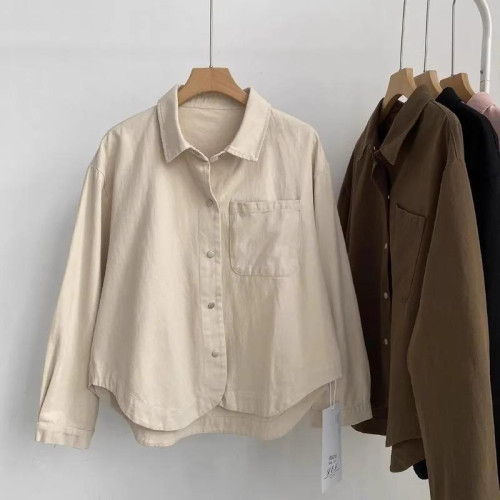 簡約大氣百搭復古polo繙領長袖襯衫2025新款女單排釦開衫外套上衣