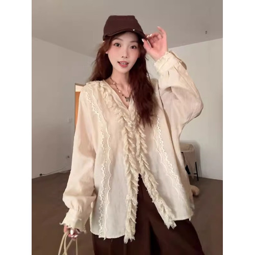 大碼設計感蕾絲拼接開叉v領長袖襯衫女秋季新款胖mm寬鬆顯瘦上衣