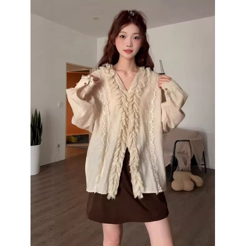 大碼設計感蕾絲拼接開叉v領長袖襯衫女秋季新款胖mm寬鬆顯瘦上衣