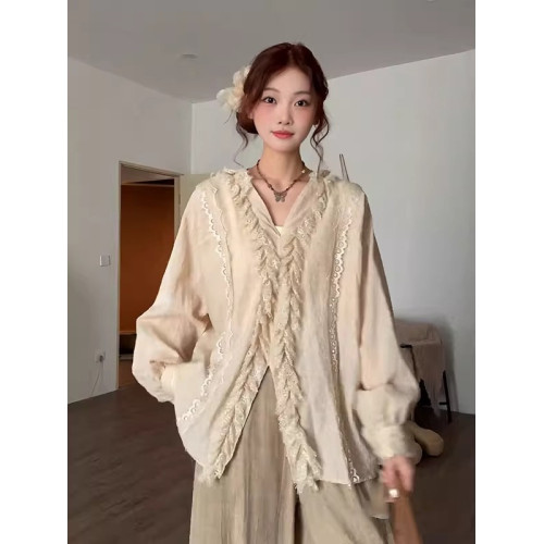大碼設計感蕾絲拼接開叉v領長袖襯衫女秋季新款胖mm寬鬆顯瘦上衣