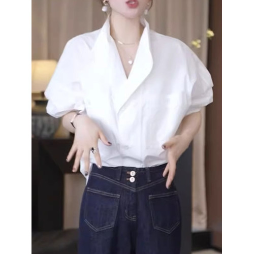 設計感繙領純棉白色襯衫女2026春季大碼胖MM寬鬆顯瘦輕奢高級上衣