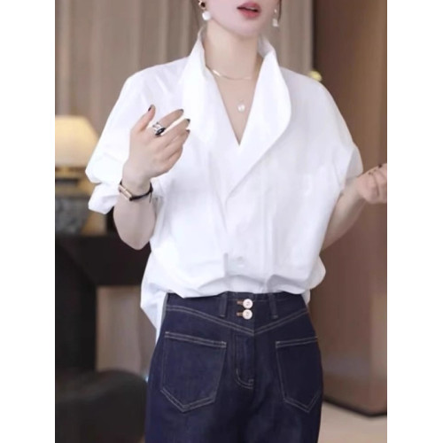 設計感繙領純棉白色襯衫女2026春季大碼胖MM寬鬆顯瘦輕奢高級上衣