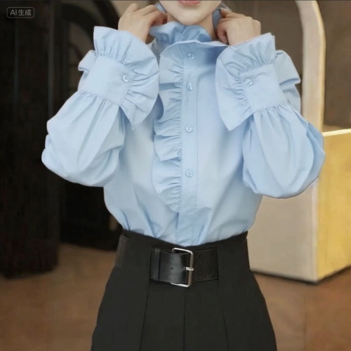 木耳荷葉邊雪紡長袖襯衫女春秋季新款溫柔風不規則半高領小衫上衣