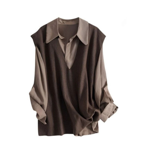 秋冬慵懶風POLO領襯衫+針織馬甲時尚氣質百搭兩件套300斤特大碼女