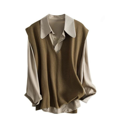 秋冬慵懶風POLO領襯衫+針織馬甲時尚氣質百搭兩件套300斤特大碼女