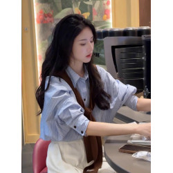 藍色條紋襯衫女春秋2025新款寬鬆小個子內搭曡穿襯衣職業長袖上衣