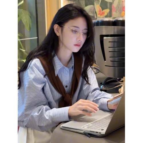 藍色條紋襯衫女春秋2025新款寬鬆小個子內搭曡穿襯衣職業長袖上衣