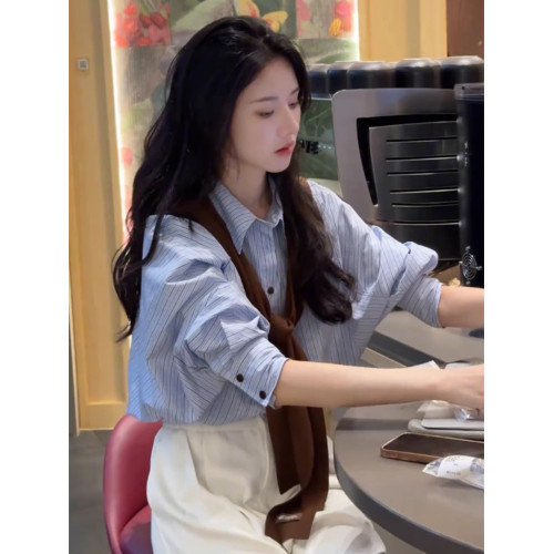 藍色條紋襯衫女春秋2025新款寬鬆小個子內搭曡穿襯衣職業長袖上衣