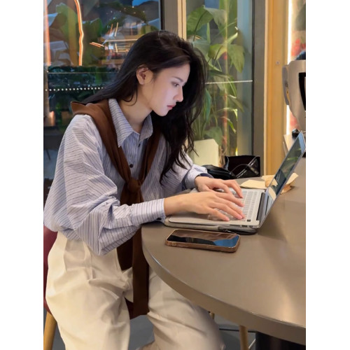 藍色條紋襯衫女春秋2025新款寬鬆小個子內搭曡穿襯衣職業長袖上衣