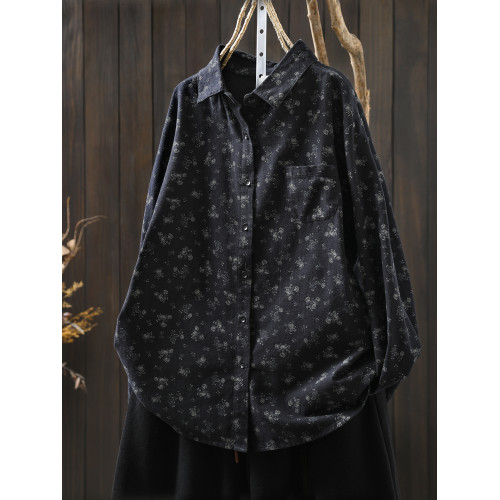 碎花襯衫女款2025新款春秋黑色純棉印花胖mm時尚寬鬆顯瘦文藝襯衣