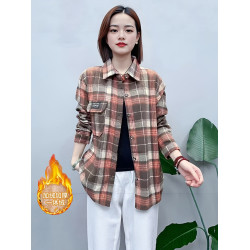 秋冬新款加絨加厚媽媽格子襯衫外套寬鬆大碼百搭保暖磨毛上衣2025