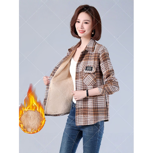 秋冬新款加絨加厚媽媽格子襯衫外套寬鬆大碼百搭保暖磨毛上衣2025