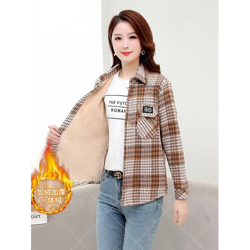 秋冬新款加絨加厚媽媽格子襯衫外套寬鬆大碼百搭保暖磨毛上衣2025