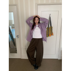 SIXI四喜家 菸山暮紫 復古紫色格子長袖襯衫女秋季內搭曡穿外套