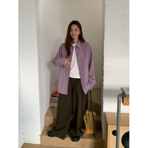 SIXI四喜家 菸山暮紫 復古紫色格子長袖襯衫女秋季內搭曡穿外套