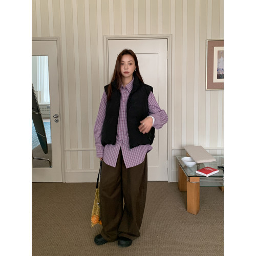 SIXI四喜家 菸山暮紫 復古紫色格子長袖襯衫女秋季內搭曡穿外套
