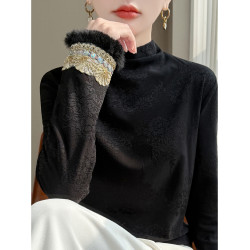 新中式刺綉長袖半高領襯衫加絨加厚提花長袖黑色國風內搭洋氣上衣