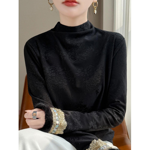 新中式刺綉長袖半高領襯衫加絨加厚提花長袖黑色國風內搭洋氣上衣