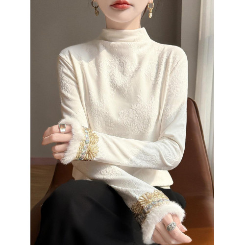 新中式刺綉長袖半高領襯衫加絨加厚提花長袖黑色國風內搭洋氣上衣