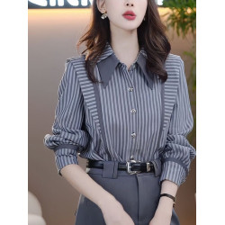 洋氣流行減齡條紋襯衫女長袖秋季新款氣質休閒顯瘦設計感打底上衣