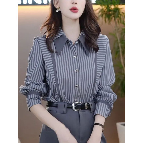 洋氣流行減齡條紋襯衫女長袖秋季新款氣質休閒顯瘦設計感打底上衣