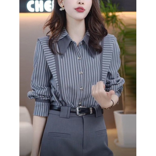 洋氣流行減齡條紋襯衫女長袖秋季新款氣質休閒顯瘦設計感打底上衣