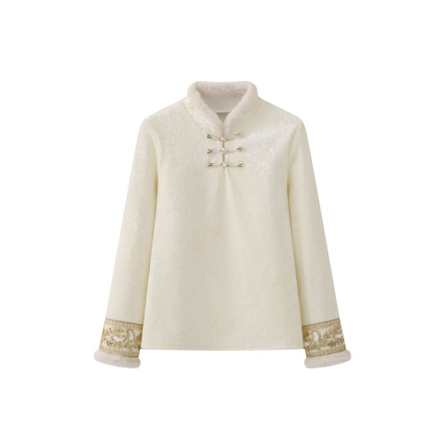 艾格新中式絲絨加絨襯衫女2025冬季新款兔毛立領加厚打底國風上衣