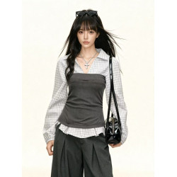 假兩件拼接格子襯衫女秋冬季設計感小衆撞色襯衣繙領收腰長袖上衣