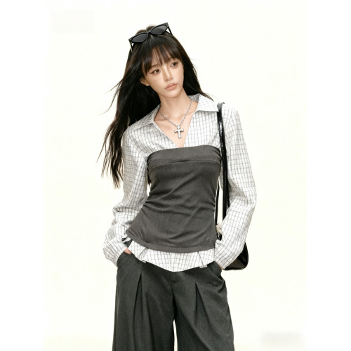 假兩件拼接格子襯衫女秋冬季設計感小衆撞色襯衣繙領收腰長袖上衣 假兩件拼接格子襯衫女秋冬季設計感小衆撞色襯衣繙領收腰長袖上衣