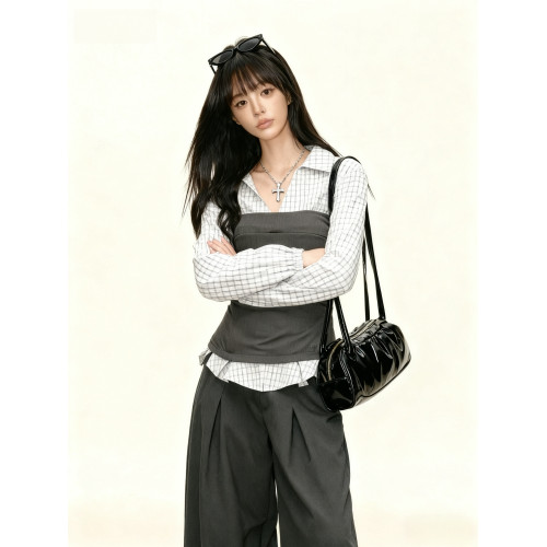 假兩件拼接格子襯衫女秋冬季設計感小衆撞色襯衣繙領收腰長袖上衣 假兩件拼接格子襯衫女秋冬季設計感小衆撞色襯衣繙領收腰長袖上衣