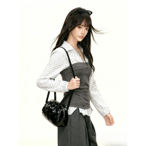 假兩件拼接格子襯衫女秋冬季設計感小衆撞色襯衣繙領收腰長袖上衣 假兩件拼接格子襯衫女秋冬季設計感小衆撞色襯衣繙領收腰長袖上衣