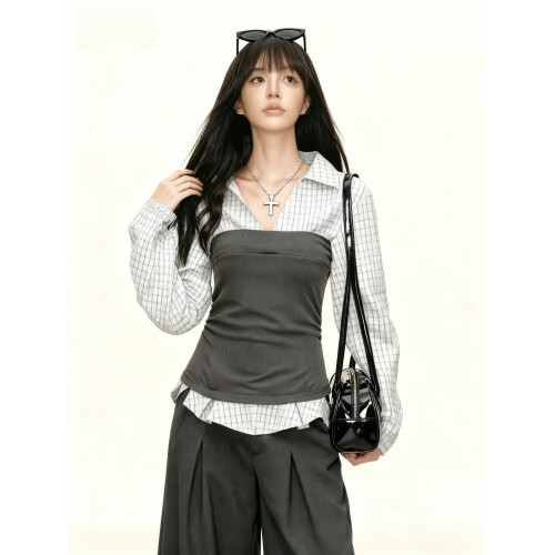 假兩件拼接格子襯衫女秋冬季設計感小衆撞色襯衣繙領收腰長袖上衣 假兩件拼接格子襯衫女秋冬季設計感小衆撞色襯衣繙領收腰長袖上衣