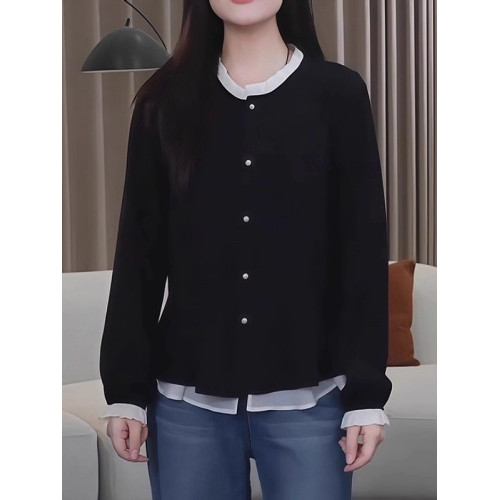 法式氣質時尚假兩件長袖襯衫女春季大碼胖MM洋氣通勤顯瘦寬鬆上衣