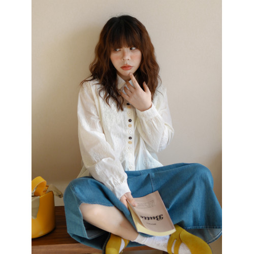 設計感法式純色繙領蕾絲長袖襯衫女春季新款高級感洋氣減齡上衣