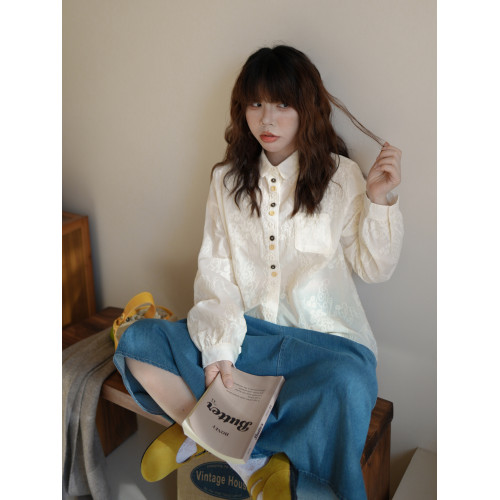 設計感法式純色繙領蕾絲長袖襯衫女春季新款高級感洋氣減齡上衣