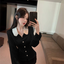 法式氣質POLO領拼接釘珠修身泡泡袖甜美單排釦開衫襯衣2026春季