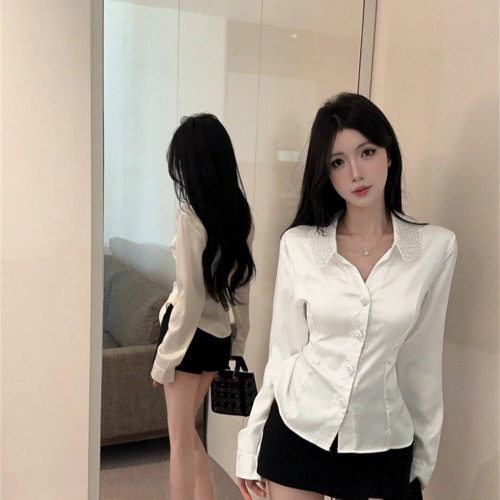 法式氣質POLO領拼接釘珠修身泡泡袖甜美單排釦開衫襯衣2026春季