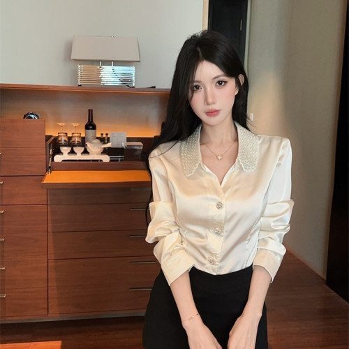 法式氣質POLO領拼接釘珠修身泡泡袖甜美單排釦開衫襯衣2026春季