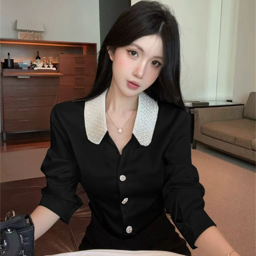 法式氣質POLO領拼接釘珠修身泡泡袖甜美單排釦開衫襯衣2026春季