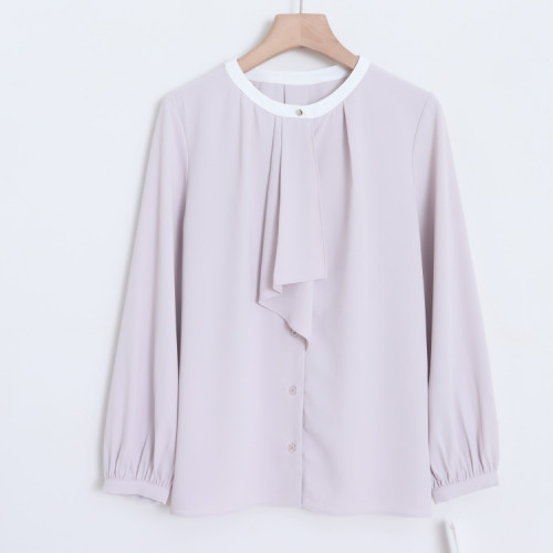 D13049日單新款客供料單排釦圓領寬鬆有領結女通勤氣質長袖襯衫