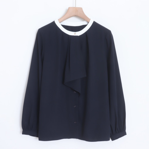 D13049日單新款客供料單排釦圓領寬鬆有領結女通勤氣質長袖襯衫