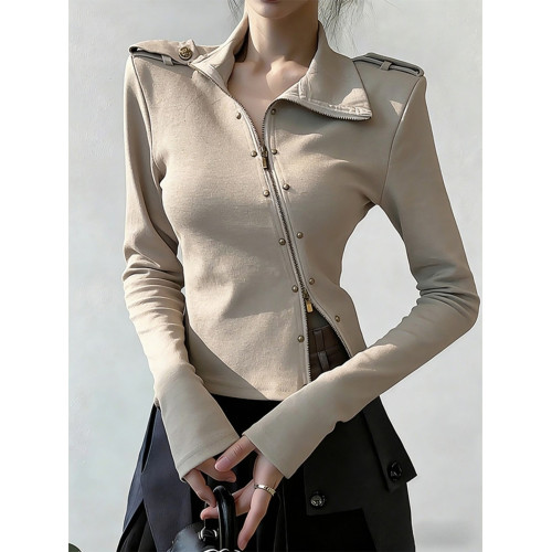 小衆不撞款上衣女早春輕奢高級感減齡獨特漂亮卡其色繙領長袖襯衫