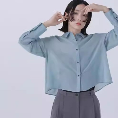 D14092日單NBB新款客供天絲料單排釦寬鬆女氣質純色短款長袖襯衫