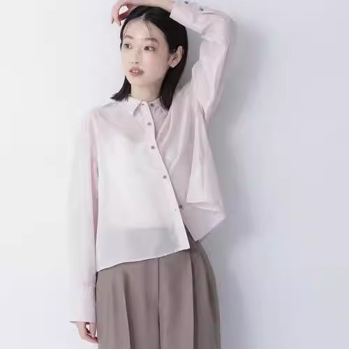 D14092日單NBB新款客供天絲料單排釦寬鬆女氣質純色短款長袖襯衫