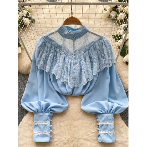 法式溫柔風蕾絲拼接長袖襯衫女氣韓版寬鬆質荷葉邊收腰通勤上衣