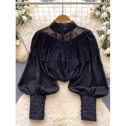 法式溫柔風蕾絲拼接長袖襯衫女氣韓版寬鬆質荷葉邊收腰通勤上衣